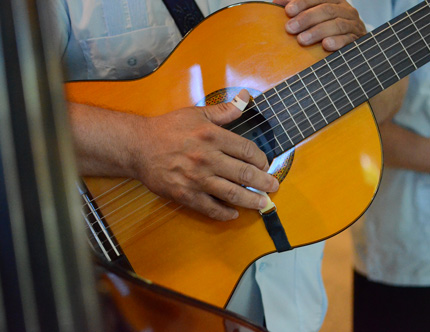 Close up shot of a person holding a guitar